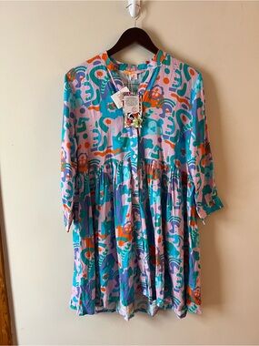 Briton Court NEW Pink Abstract Printed Button Front Mini Dress Size Medium